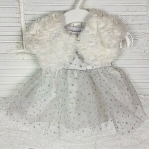 George White silver polkadot formal dress with Faux Fur Baby Vest size newborn